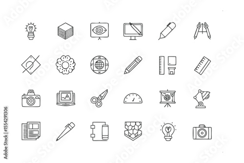 Design Icons Compilation: A collection of minimalist design icons, featuring a lightbulb, camera, computer, pen, ruler and more, perfect for visual communication.