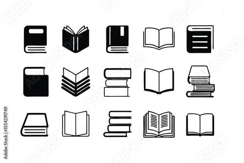 Book Icons Set: A collection of diverse book icons, showcasing various styles and perspectives of open and closed books, ideal for educational or library-related projects.