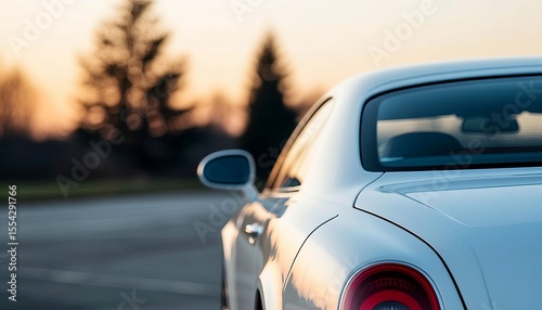 A sleek white luxury car parked on an empty road during sunset. The background features blurred trees and a warm, colorful sky.