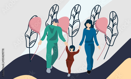 Family walking in the park with balloons.