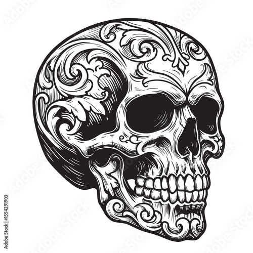 Intricate vintage art silhouette of a detailed skull embellished with decorative floral elements