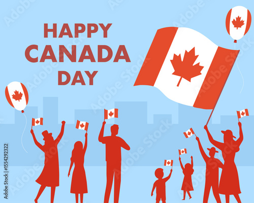 Canada day celebration banner. People silhouettes holding Canadian flags, flying balloons