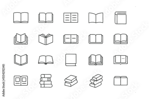 Book Icons Set: a collection of simple and easily recognizable line-art icons depicting a variety of book shapes. conveying the essence of reading, literature, and knowledge.