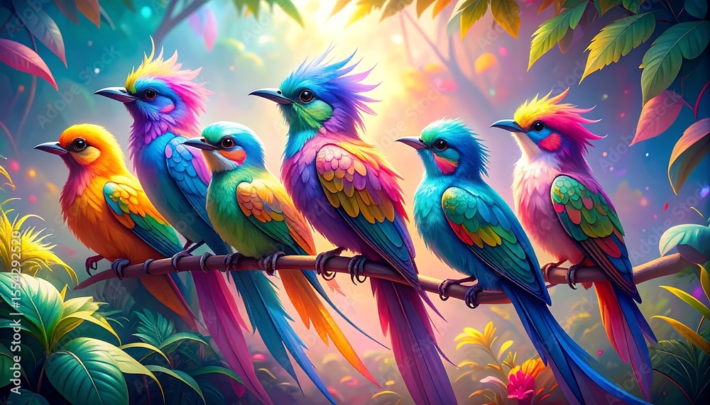 Fototapeta premium Vibrant Array of Colorful Birds Perched on a Branch in a Lush Jungle