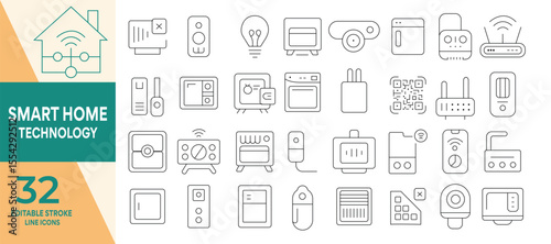 smart home technology icon set  Editable stroke .Smart Homes. Smart, Wi-Fi, technology, command, smart speaker, smart tv, security camera, smart plug, smart lock, smart bulb  more.Vector illustration