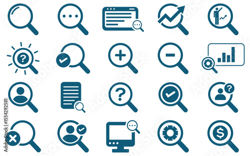 Search and Magnifying Glass Icon Set – Vector Symbols for SEO, Research, and Investigation