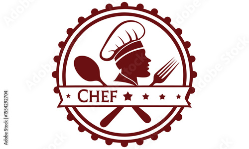 A stylized circular badge or emblem featuring a chef s hat silhouette a spoon a fork and the word chef in a banner with stars representing culinary excellence and professional cooking