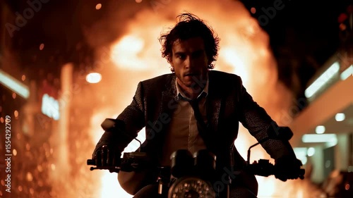 Action shot with man riding away on bike. Dynamic scene in action movie blockbuster style