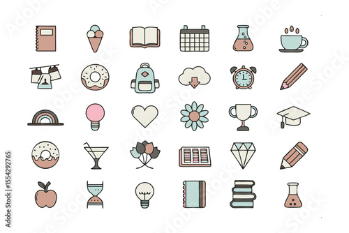 Cute Pastel Icons Collection: A charming collection of diverse pastel-colored icons depicting everyday objects and concepts, perfect for adding a touch of whimsy and charm to your projects.