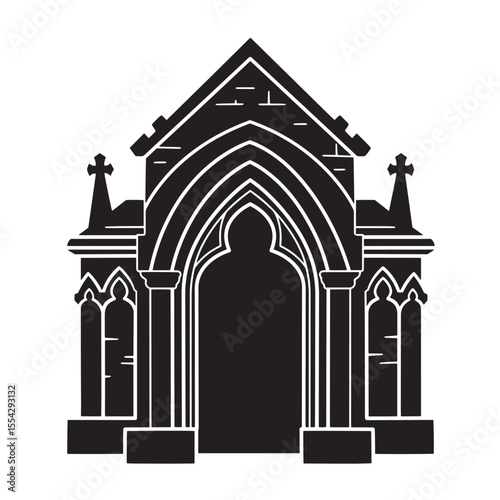 Vintage art silhouette of a gothic church architecture with arched entrance design