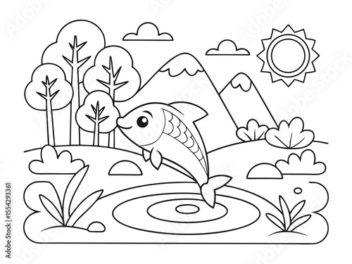 Sunny day in nature with fish, trees and mountains coloring page. A nature-themed coloring page featuring fish, trees, and mountains on a sunny day