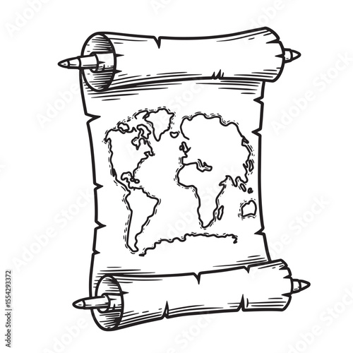 Vintage art silhouette of a hand drawn world map on an old scroll paper