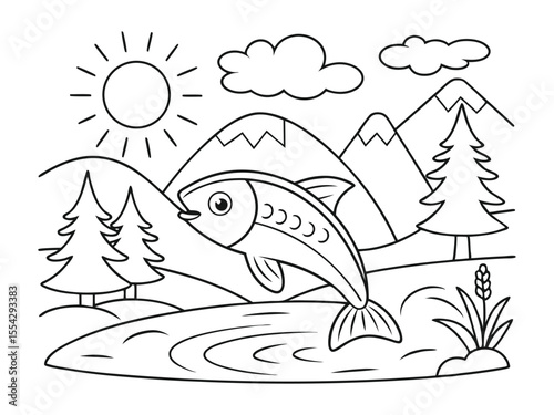 Sunny day in nature with fish, trees and mountains coloring page. A nature-themed coloring page featuring fish, trees, and mountains on a sunny day
