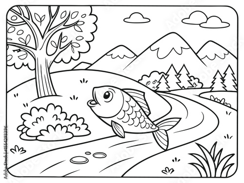 Sunny day in nature with fish, trees and mountains coloring page. A nature-themed coloring page featuring fish, trees, and mountains on a sunny day