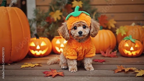 poodle puppy in pumpkin costume for halloween