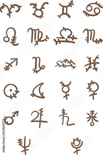 Astrological hand draw symbols with ivy leaves decoration on sign of zodiac and galaxy concept.