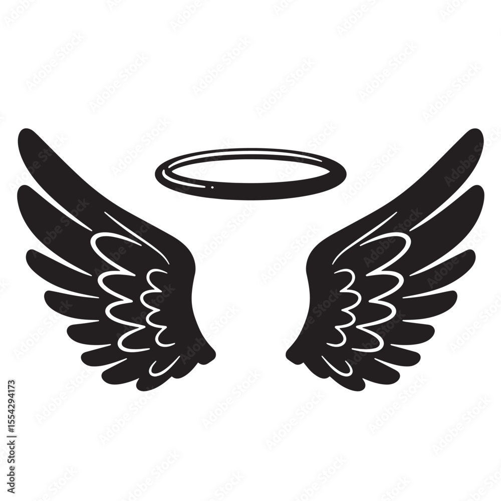 Obraz premium Vintage art silhouette of angel wings and a halo isolated on white background