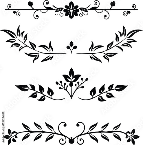 Black Floral Swirls Leaf Branches Decorative Elements Set Design white leaves