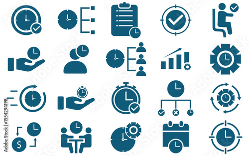 Time Management and Productivity Icons – Linear Set of Clocks, Calendars, Planners, and Task Tools