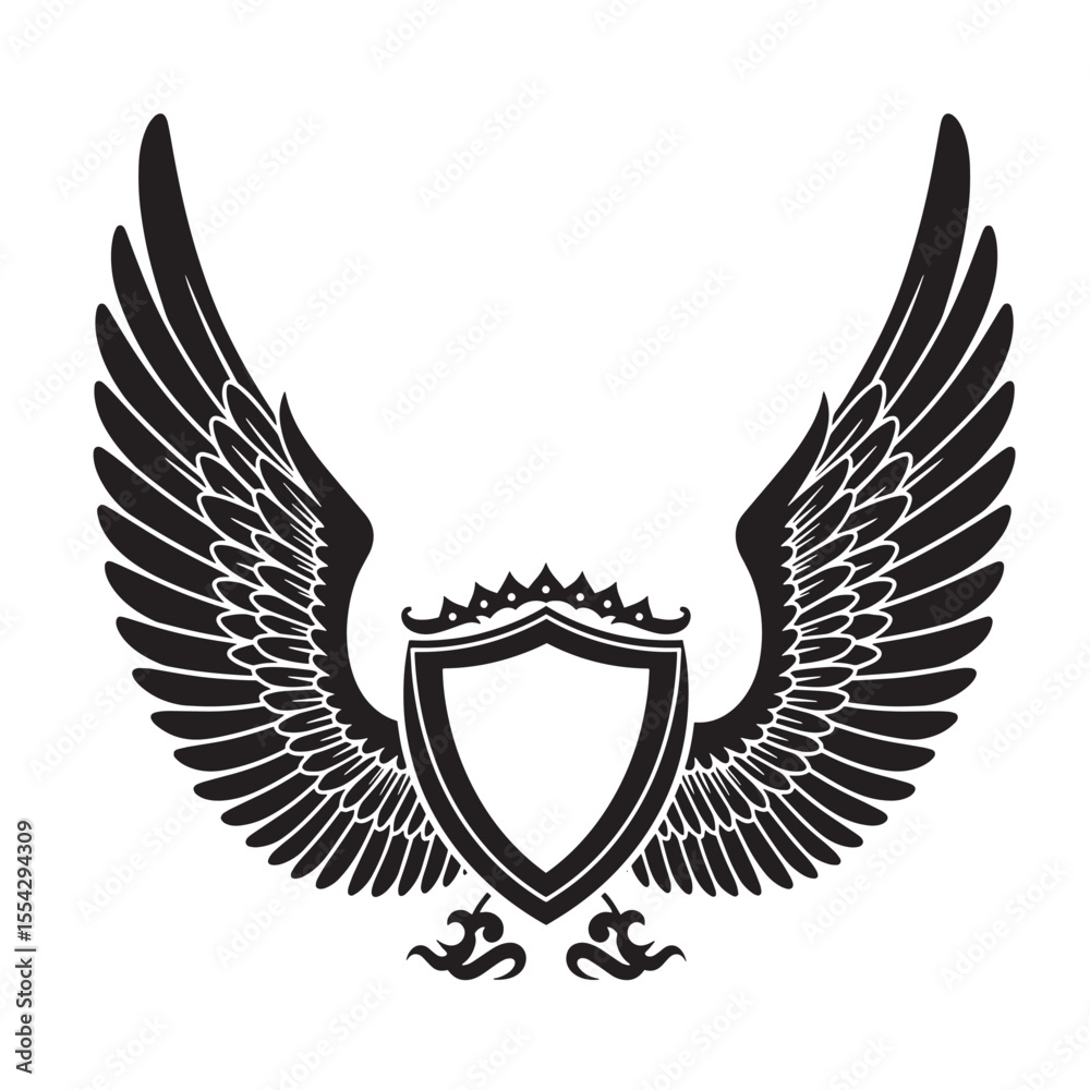 Fototapeta premium Winged crest heraldry design with a shield and vintage art silhouette elements