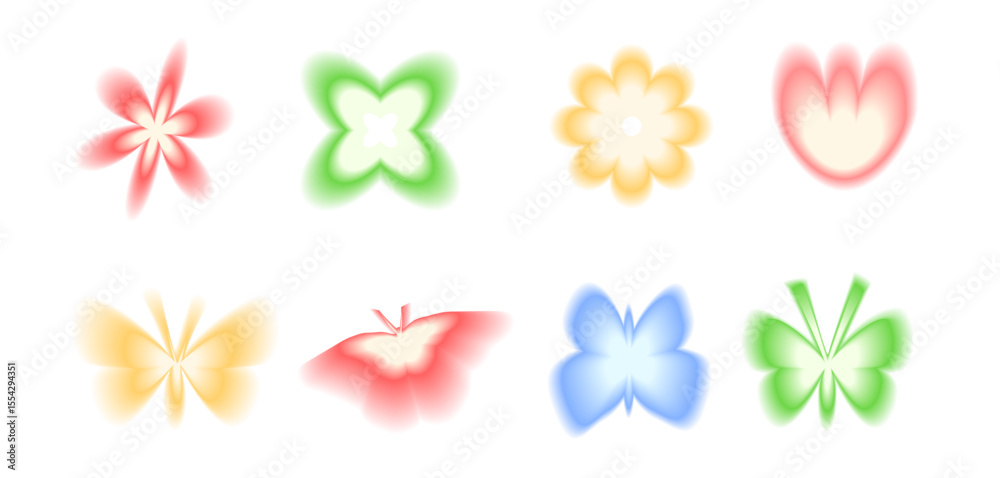 Obraz premium Blur gradient nature shape set. Y2k retro butterflies with flower forms. Colorful butterfly and floral icons on white background. Trendy effect with blurry texture. Vector illustration.