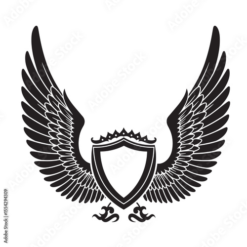 Winged crest heraldry design with a shield and vintage art silhouette elements