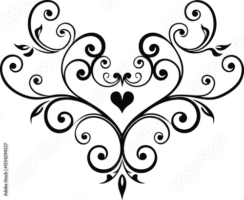 Black Swirl Heart Floral Design Element Clipart Romantic Vintage Style Decoration