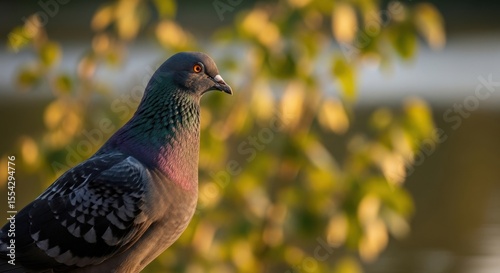 Close Up Portrait of a Pigeon with Iridescent Feathers and Blurred Background