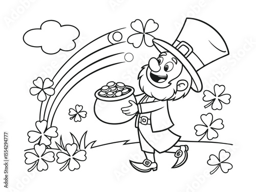 St patrick's Day coloring page. Leprechaun, pot of gold illustration. Ready to print St Patrick's Day coloring page with a leprechaun and pot of gold illustration
