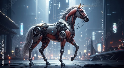 Futuristic Mechanical Horse Roams Through a Cyberpunk Cityscape at Night