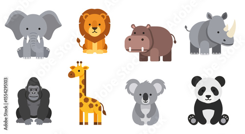 flat style illustration of a vibrant collection of diverse cute cartoon animals