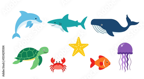 flat style illustration of a vibrant collection of diverse cute cartoon animals