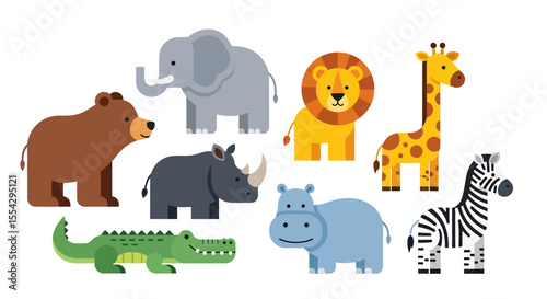 flat style illustration of a vibrant collection of diverse cute cartoon animals