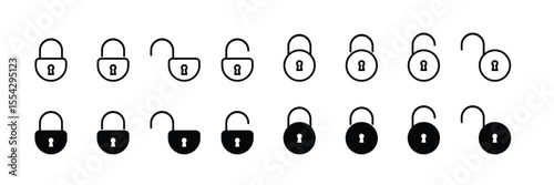Set of Lock and Unlock Icons with Keyhole - Security, Privacy, and Protection Symbol Collection