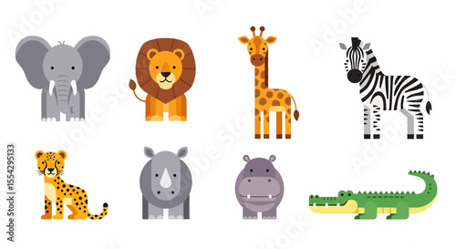 flat style illustration of a vibrant collection of diverse cute cartoon animals