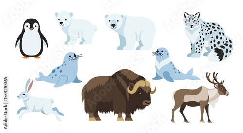Adobe illustrator vector flat style illustration of a charming collection of snow animals, including a penguin, polar bear, seal, rabbit, musk ox, snow leopard, and caribou, in various adorable poses