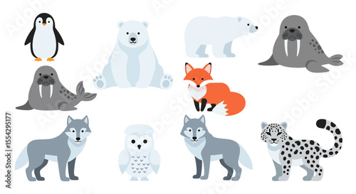 Adobe illustrator vector flat style illustration of a charming collection of snow animals, including a penguin, polar bear, seal, rabbit, musk ox, snow leopard, and caribou, in various adorable poses