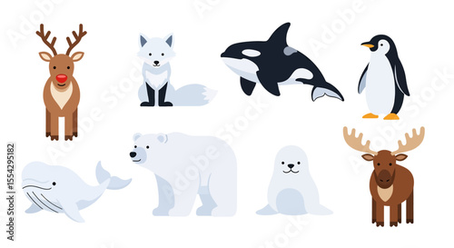 Adobe illustrator vector flat style illustration of a charming collection of snow animals, including a penguin, polar bear, seal, rabbit, musk ox, snow leopard, and caribou, in various adorable poses