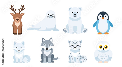 Adobe illustrator vector flat style illustration of a charming collection of snow animals, including a penguin, polar bear, seal, rabbit, musk ox, snow leopard, and caribou, in various adorable poses
