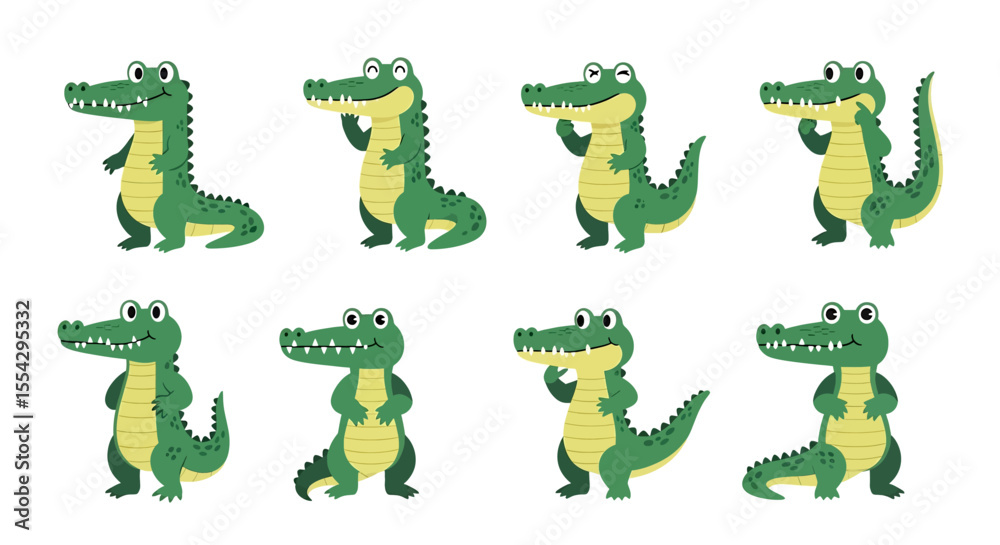 Fototapeta premium Adobe illustrator vector flat style illustration of various green crocodiles and alligators in different poses, showcasing their smiles and sharp teeth, suitable for children's designs