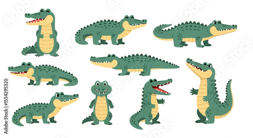 Adobe illustrator vector flat style illustration of various green crocodiles and alligators in different poses, showcasing their smiles and sharp teeth, suitable for children's designs