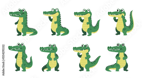 Adobe illustrator vector flat style illustration of various green crocodiles and alligators in different poses, showcasing their smiles and sharp teeth, suitable for children's designs