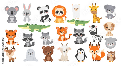 Adobe illustrator vector flat style illustration of a vibrant collection of diverse cartoon animals, including a tiger, raccoon, zebra, panda, lion, koala, bear, fox, and various other cute creatures