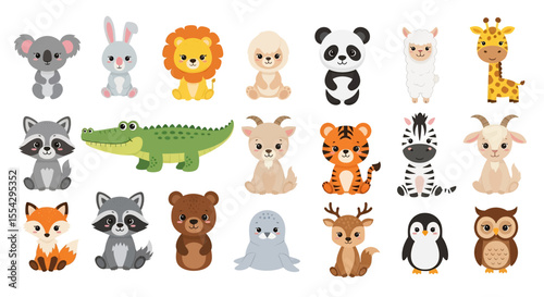 Adobe illustrator vector flat style illustration of a vibrant collection of diverse cartoon animals, including a tiger, raccoon, zebra, panda, lion, koala, bear, fox, and various other cute creatures