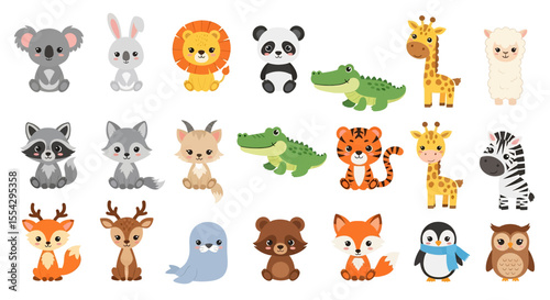 Adobe illustrator vector flat style illustration of a vibrant collection of diverse cartoon animals, including a tiger, raccoon, zebra, panda, lion, koala, bear, fox, and various other cute creatures