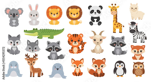 Adobe illustrator vector flat style illustration of a vibrant collection of diverse cartoon animals, including a tiger, raccoon, zebra, panda, lion, koala, bear, fox, and various other cute creatures