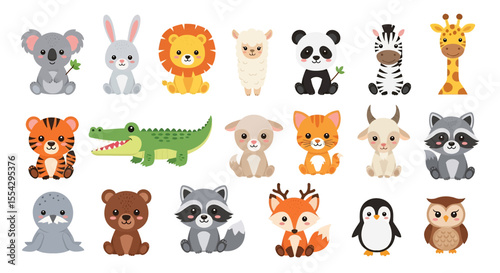 Adobe illustrator vector flat style illustration of a vibrant collection of diverse cartoon animals, including a tiger, raccoon, zebra, panda, lion, koala, bear, fox, and various other cute creatures