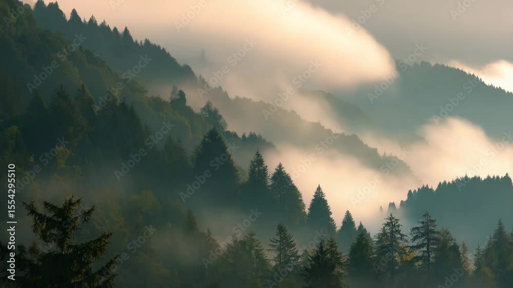 A scenic view of a forest with trees and mountains covered in a thick layer of morning fog light