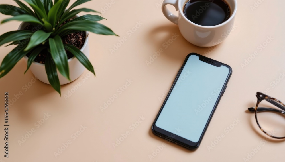 Modern workspace with smartphone, coffee mug, eyeglasses, and indoor plant on a neutral beige desk surface, minimalistic office setup for productivity and relaxation Modern workspace with smartphone, coffee mug, eyeglasses, and indoor plant on a neutral beige desk surface, minimalistic office setup for productivity and relaxation