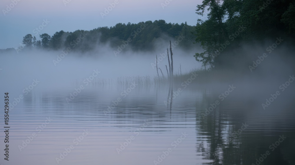 Fototapeta premium Misty morning lake with calm water and trees in soft light
